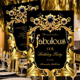 Elegant Birthday Party Silk Gold Black Damask Gems Einladung