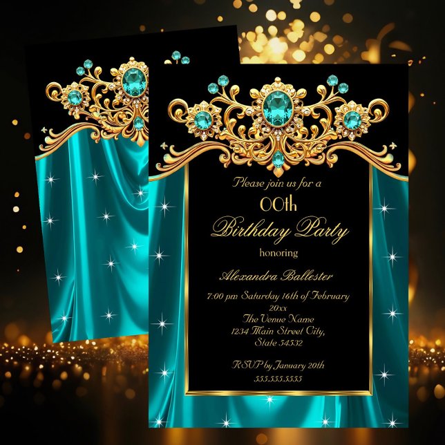 Elegant Birthday Party Teal Blue Silk Gold Gems Einladung (Von Creator hochgeladen)