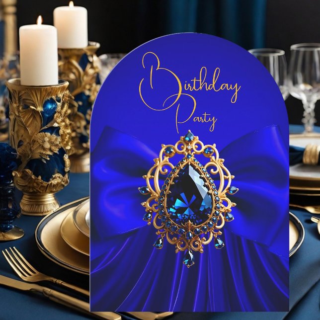 Elegant Birthday Royal Blue Bow Gold Jewel Einladung (Von Creator hochgeladen)