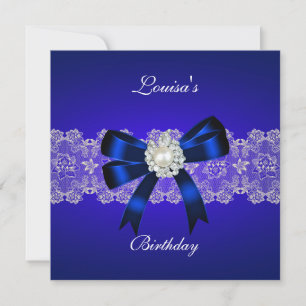 Elegant Birthday Royal Blue Pearl White Lace Einladung