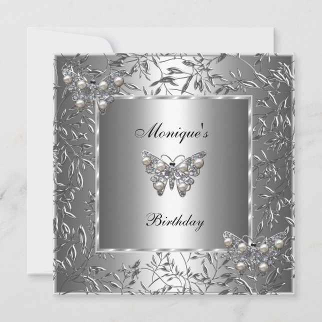 Elegant Birthday Silver Floral Butterfly Jewel 2a Einladung (Vorderseite)