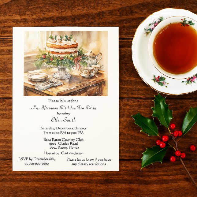 Elegant  Birthday Tea Party  Invitation Einladung (Christmas birthday tea party invitation template )