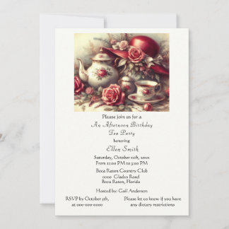 Elegant Birthday Tea Party Red Hat Einladung