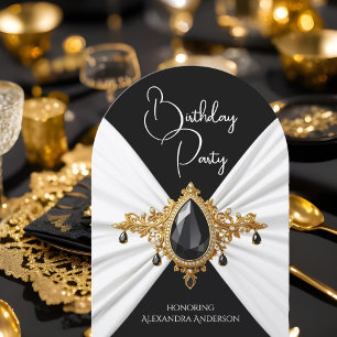 Elegant Birthday White Black Gold Jewel Silk Einladung