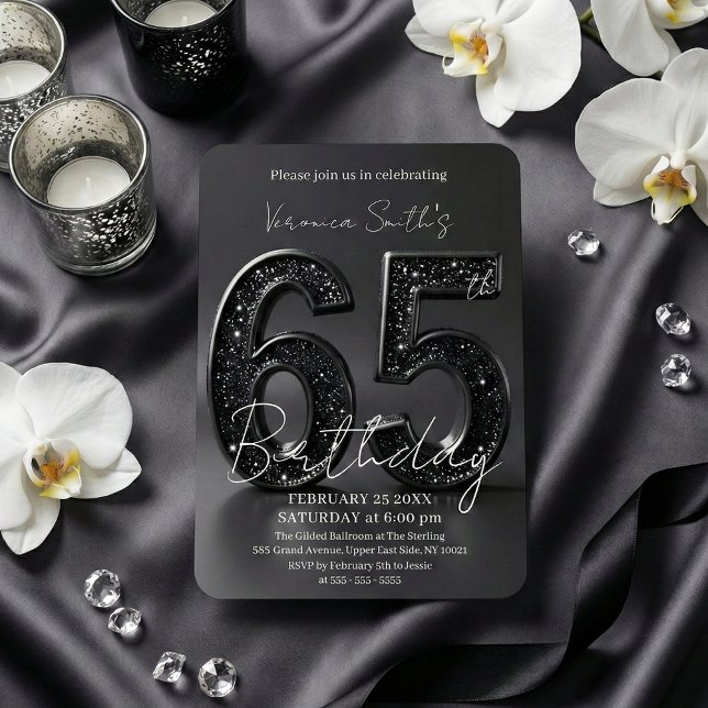 Elegant Black 3D Glitter Sparkle 65th Birthday Einladung (Von Creator hochgeladen)
