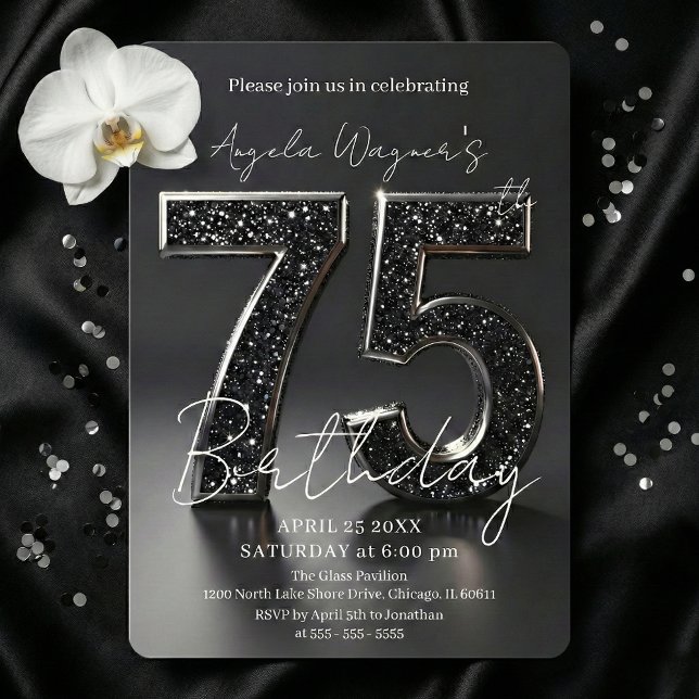 Elegant Black 3D Glitter Sparkle 75th Birthday Einladung (Von Creator hochgeladen)