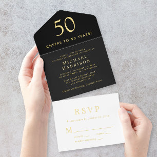 Elegant Black 50. Geburtstagsparty All-in-One-Einladung