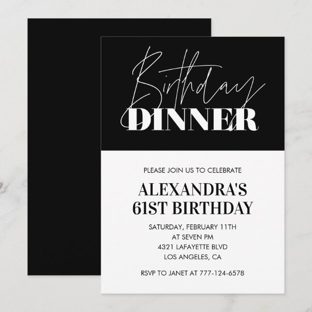 Elegant Black 61. Geburtstag Einladungen Abendesse (Vorne/Hinten)