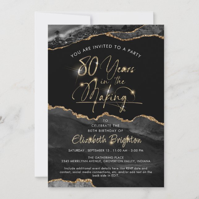 Elegant Black Agate Gold Script 80. Geburtstag Einladung (Vorderseite)