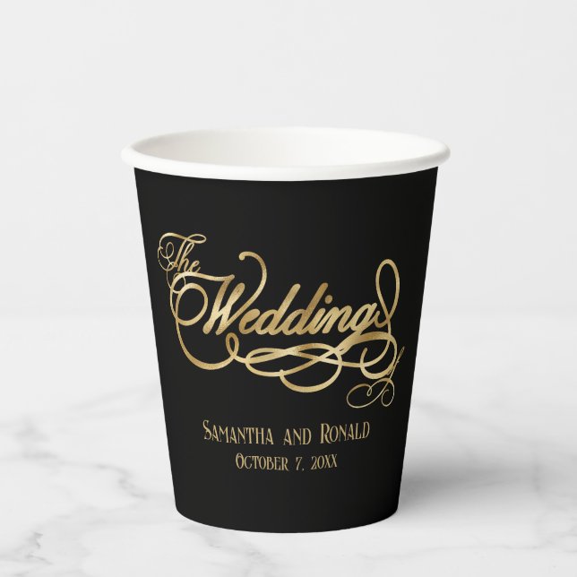 Elegant Black and Faux Gold Calligraphy Wedding  Pappbecher (Vorderseite)