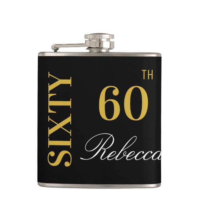 Elegant Black and Gold 60. Geburtstag Custom Flachmann (Vorderseite)
