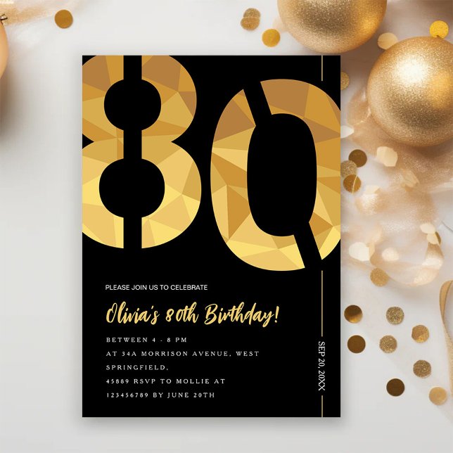 Elegant black and gold 80th Birthday Party Einladung (Von Creator hochgeladen)