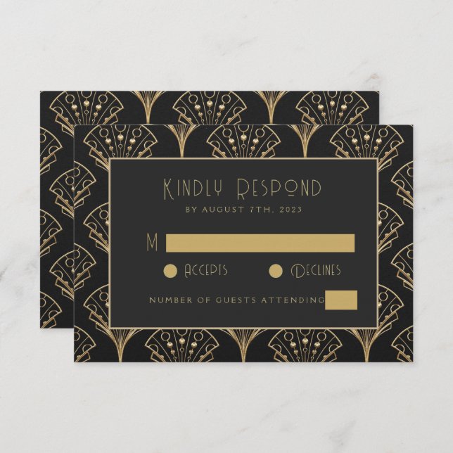 Elegant Black And Gold Art Deco Classic Wedding  RSVP Karte (Vorne/Hinten)