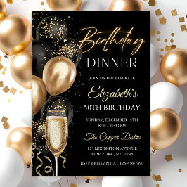 Elegant Black and Gold Balloons Birthday Dinner Einladung