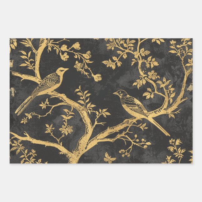 Elegant Black and Gold Birds Geschenkpapier Set (Vorderseite)
