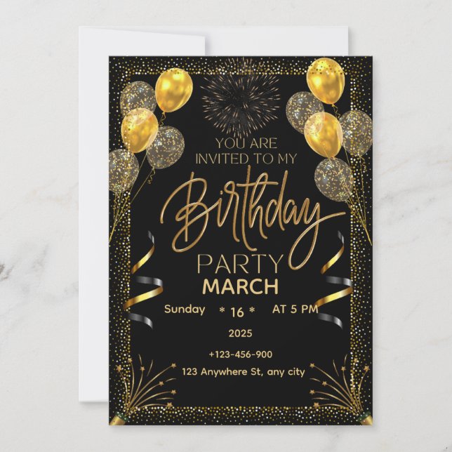 Elegant Black and Gold Birthday Invitation  Einladung (Vorderseite)