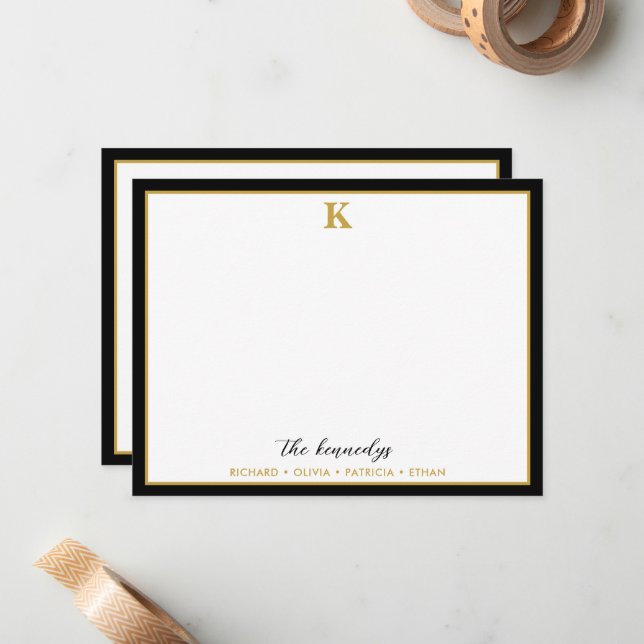 Elegant Black And Gold Border Family Name Monogram Mitteilungskarte (Vorderseite/Rückseite Beispiel)