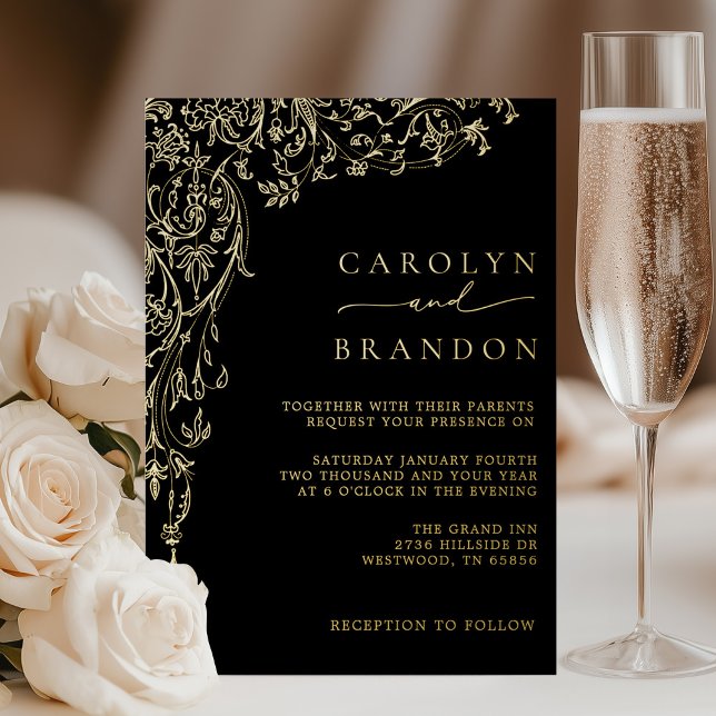 Elegant Black and Gold Filigree Wedding Folieneinladung (Elegant Black and Gold Filigree Wedding Foil Invitation)