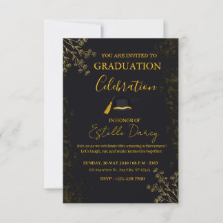 Elegant Black and Gold Floral Graduation Party Einladung
