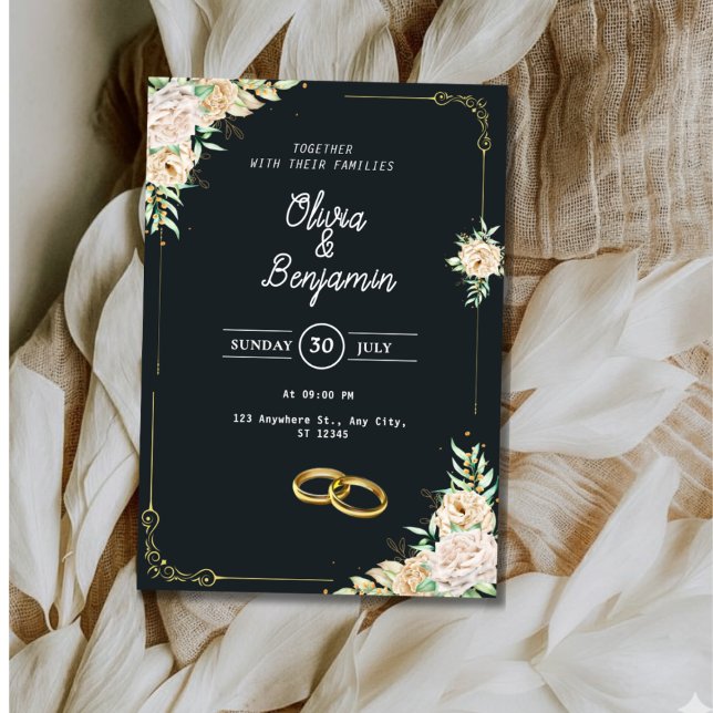 Elegant Black and Gold Floral Wedding Invitation Einladung (Von Creator hochgeladen)