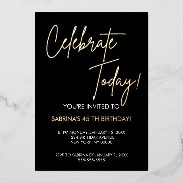  Elegant Black and Gold Foil Birthday Invitation Folieneinladung (Vorderseite)