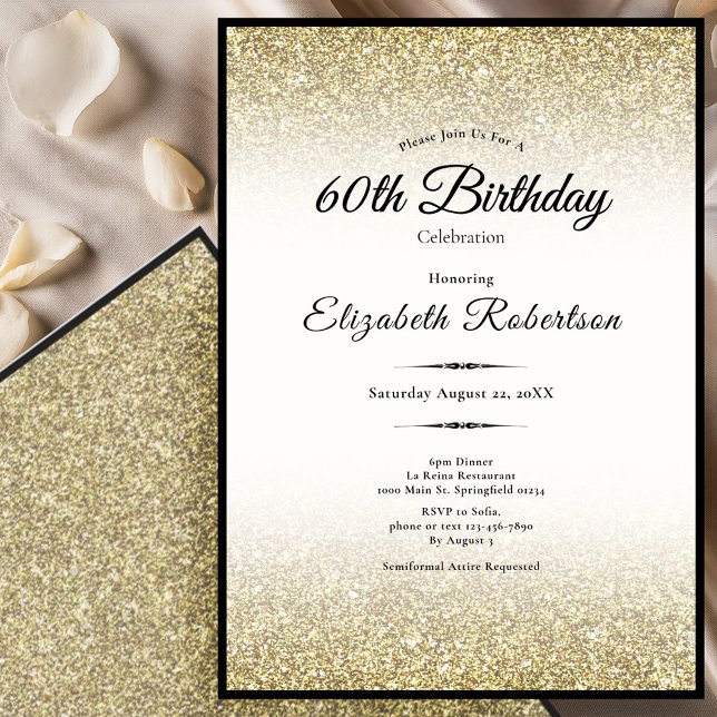 Elegant Black and Gold Glitter 60th Birthday  Einladung (Von Creator hochgeladen)