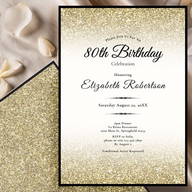 Elegant Black and Gold Glitter 80th Birthday  Einladung (Von Creator hochgeladen)