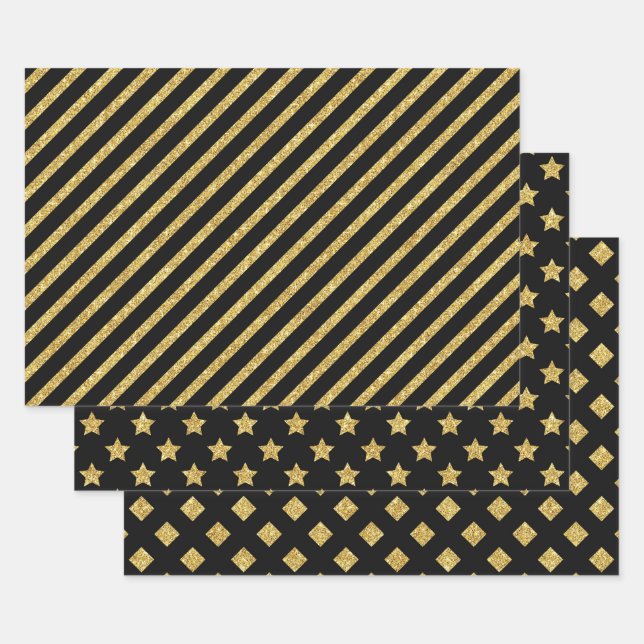 Elegant Black and Gold Glitter Patterns Geschenkpapier Set (Set)