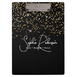 Elegant Black and Gold Glitter Salon Business Klemmbrett