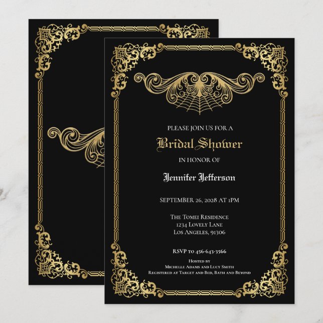 Elegant black and gold Gothic Bridal Shower Ankündigung (Vorne/Hinten)