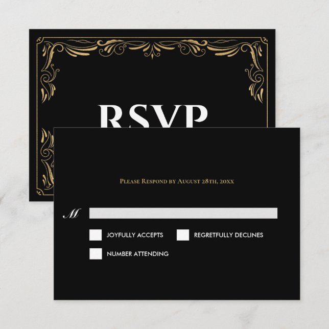 Elegant black and gold Gothic Wedding RSVP Card Karte (Vorne/Hinten)