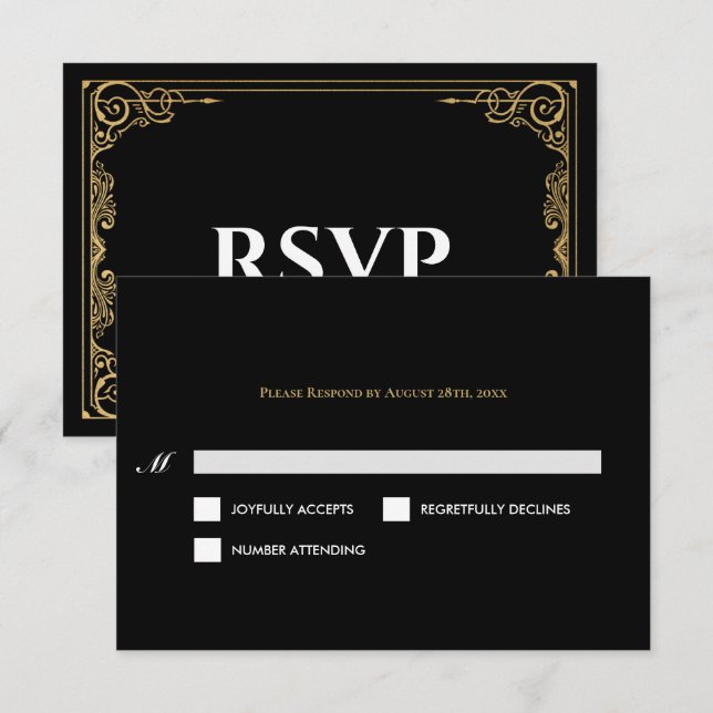 Elegant black and gold Gothic Wedding RSVP Card Karte (Vorne/Hinten)
