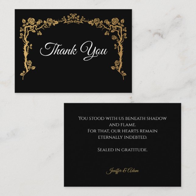 Elegant black and gold Gothic wedding Thank You Mitteilungskarte (Vorne/Hinten)