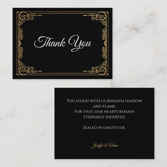 Elegant black and gold Gothic wedding Thank You Mitteilungskarte (Vorne/Hinten)