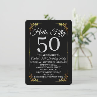 Elegant Black and Gold Hello 50th For Women Einladung