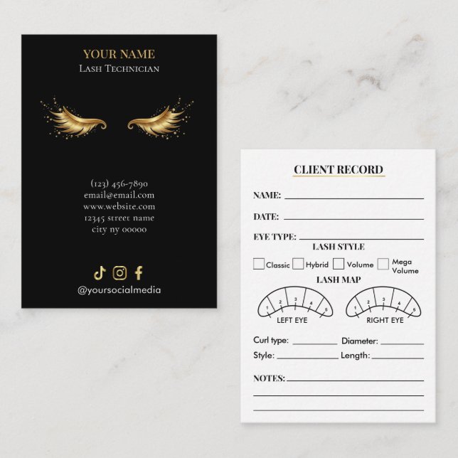 Elegant Black and gold Lash Client Record Form Visitenkarte (Vorne/Hinten)