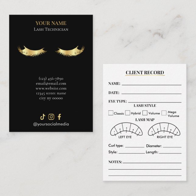 Elegant Black and gold Lash Client Record Form Visitenkarte (Vorne/Hinten)