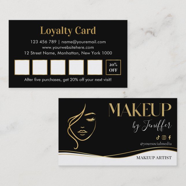 Elegant black and gold makeup artist Loyalty Card Treuekarte (Vorne/Hinten)