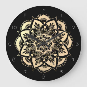 Elegant Black and Gold Mandala Flower Große Wanduhr