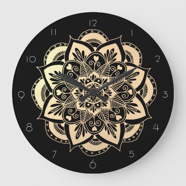 Elegant Black and Gold Mandala Flower Große Wanduhr (Vorderseite)