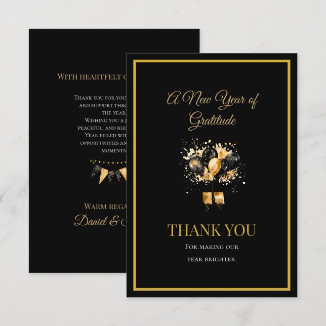 Elegant Black And Gold New Year Thank You Card Dankeskarte (Vorne/Hinten)
