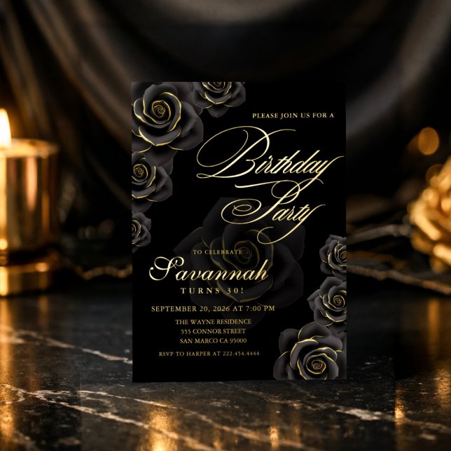Elegant Black and Gold Rose Birthday  Folieneinladung (Von Creator hochgeladen)