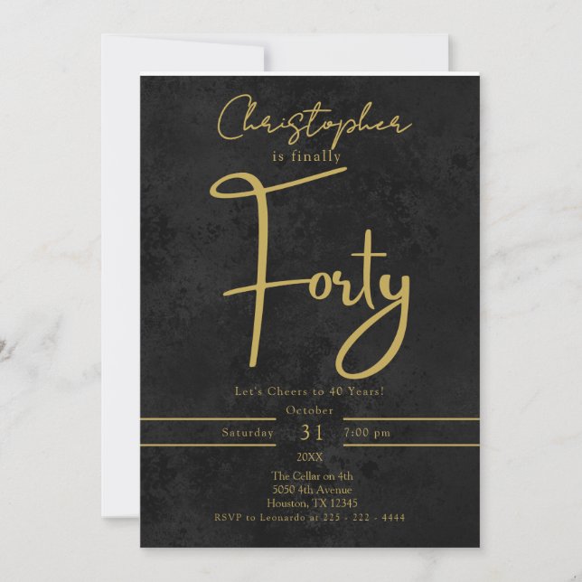 Elegant Black and Gold Script Fortieth Birthday  Einladung (Vorderseite)