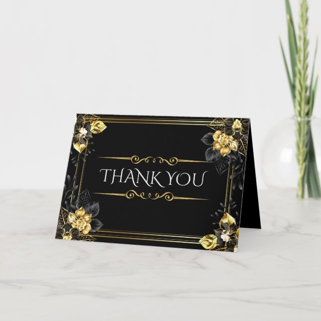 Elegant black and gold summer wedding dankeskarte (Vorderseite)