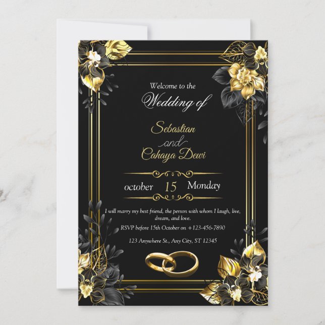 Elegant black and gold summer wedding einladung (Vorderseite)