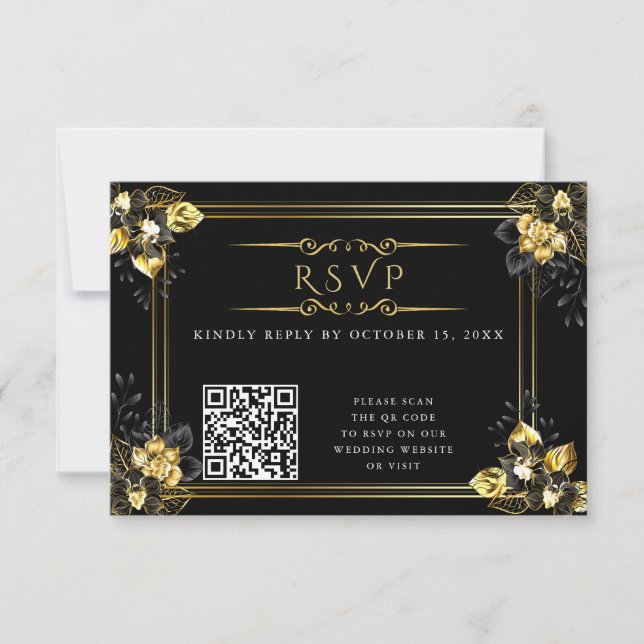 Elegant black and gold summer wedding RSVP karte (Vorderseite)