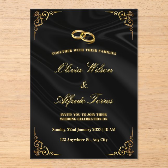 Elegant Black and Gold Wedding Invitation Acryleinladungen (Vorderseite)
