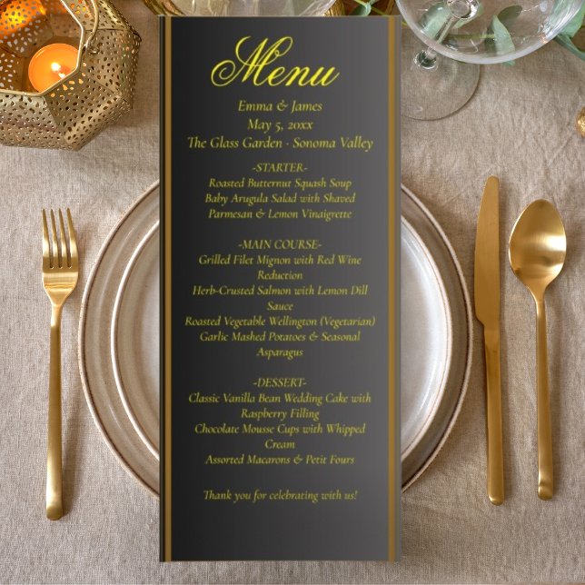 Elegant Black and Gold Wedding Menu Menükarte (Von Creator hochgeladen)