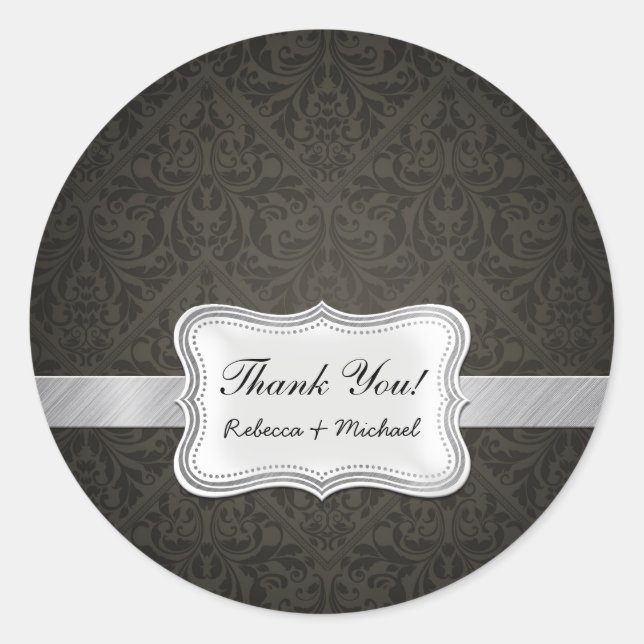 Elegant Black and Gray Damask Vielen Dank Runder Aufkleber (Vorderseite)