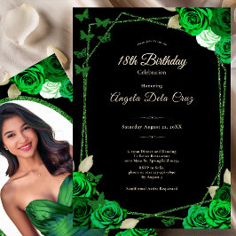 Elegant Black and Green Rose 18th Birthday Debut Einladung